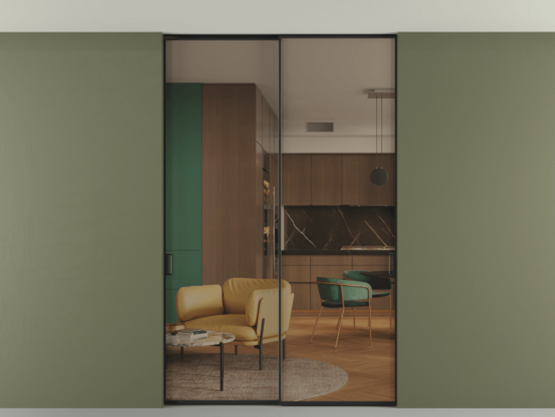 Перегородка Formato внутри проёма скрытое крепление в потолок 2 створки АЛПР 040.01 Алюминий Черный Прозрачное бронзовое стекло, триплекс Цена 1625220 AMD | Volhovec