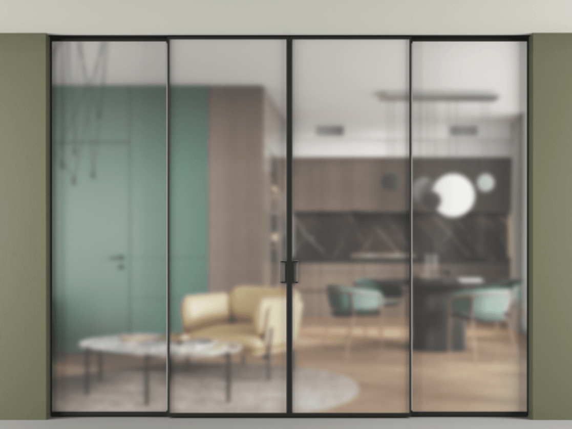 Перегородка Formato внутри проёма скрытое крепление в потолок 4 створки АЛПР 040.01 Алюминий Черный Сатинированное стекло "Matelux Crystal Vision", калёное, матовое, каленое 6 мм Цена 3482740 AMD | Volhovec