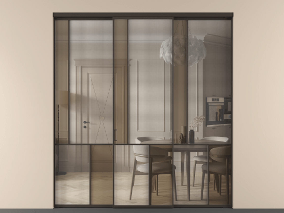 Перегородка Mosaic внутри проёма 3 створки АЛПР 041.20 Алюминий антрацит Декоративное стекло с сеткой "Mesh silver", триплекс, 6 мм + Прозрачное бронзовое стекло, триплекс Цена 2423730 AMD | Volhovec