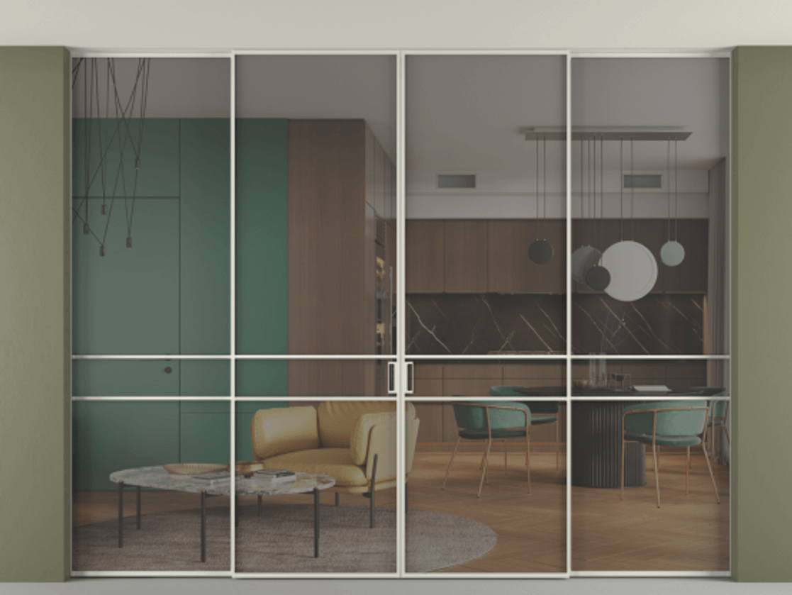 Перегородка Formato внутри проёма скрытое крепление в потолок 4 створки АЛПР 040.02 Алюминий Белый Прозрачное серое стекло, триплекс. Скрытый короб БЕЛ Цена 444380 ₽ 1. Полотно 4 шт. (800/2100 мм)
2. Комплект установки раздвижной системы
3. Базовый комплект фурнитуры
4.Ручка RONDO. Фабрика дверей Волховец 8 (800) 551 43 19 Перегородка Formato внутри проёма скрытое крепление в потолок 4 створки АЛПР 040.02 Алюминий Белый Прозрачное серое стекло, триплекс Цена 444380 ₽ | Volhovec