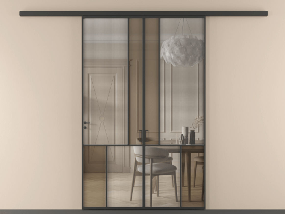 Перегородка Mosaic вдоль стены 2 створки АЛПР 041.20 Алюминий Черный Декоративное стекло с сеткой "Mesh silver", триплекс, 6 мм + Прозрачное бронзовое стекло, триплекс Цена 266080 ₽ | Volhovec