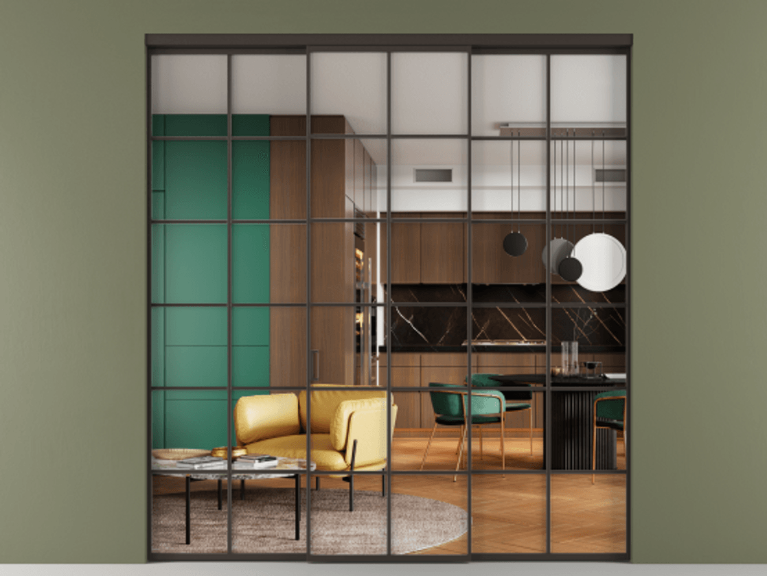 Перегородка Formato внутри проёма 3 створки АЛПР 040.05 Алюминий антрацит Прозрачное стекло "Crystal Vision", калёное Цена 2299700 AMD | Volhovec