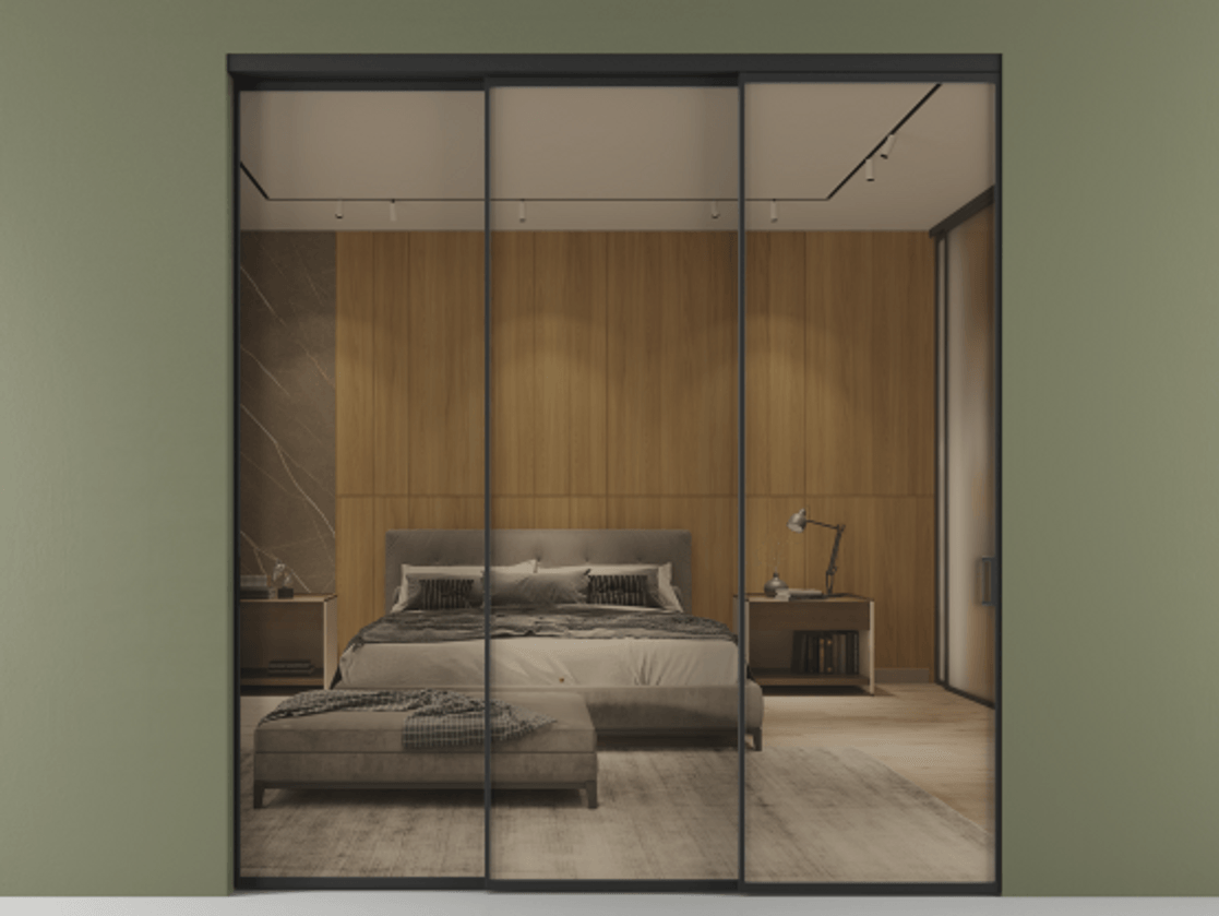 Перегородка Formato внутри проёма 3 створки с синхронным механизмом АЛПР 040.01 Алюминий Черный Рефлективное бронзовое стекло "Stopsol", калёное Цена 379900 ₽  | Volhovec