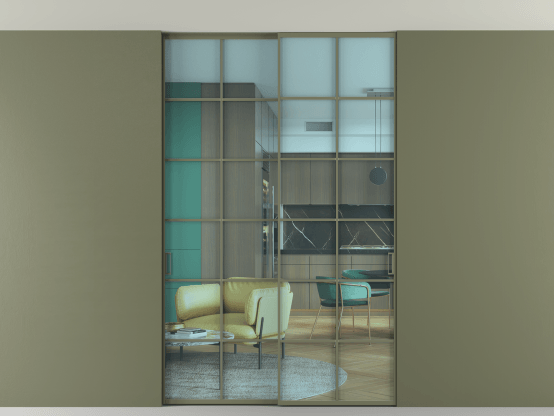 Алюминевая перегородка АЛПР 040.05_АОТ_ПРОЗ ГОЛ_new. Цвет Алюминий оливковый тёмный. Материал Алюминий в эмали. Коллекция Перегородка Formato внутри проёма скрытое крепление в потолок 2 створки. Картинка.