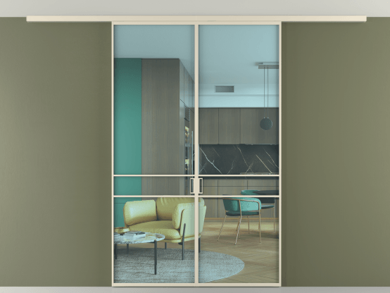 Алюминевая перегородка vd2_02 Алюминий бежево-серый Прозрачное голубое стекло, триплекс, 6мм. Цвет Алюминий бежево-серый. Материал Алюминий в эмали. Коллекция Перегородка Formato вдоль стены на потолок 2 створки. Картинка.