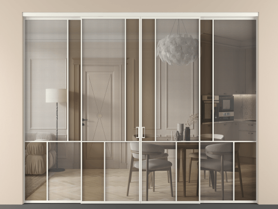 Алюминевая перегородка vnt4_1 БЕЛ. Цвет Алюминий Белый. Материал Алюминий. Коллекция Перегородка Mosaic внутри проёма 4 створки. Картинка.